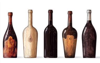 A set of five unique wine bottles featuring rustic, artistic, and textured designs in earthy tones, perfect for creative branding.
