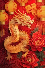 Obraz premium Vibrant dragon unleashes energy amidst festive lanterns and peonies for Chinese New Year celebration