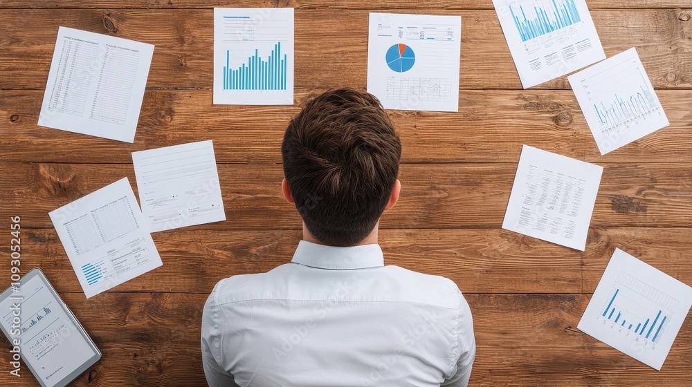 Aufkleber business professional analyzing financial reports and charts while sitting at a wooden table surroun