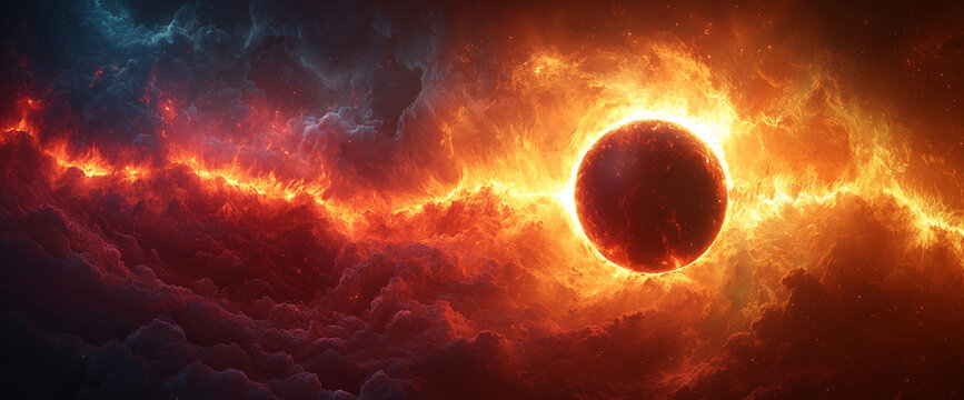 Abstraction. A beautiful colorful image of an eclips sun. Fire on the sun, space fire, black hole.