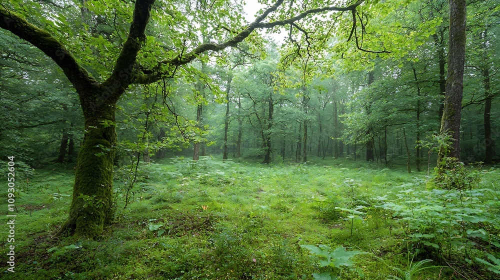 Poster Lush verdant forest scene showcasing the complexity and diversity of a natural ecosystem with a variety of plants vines and moss covered trees creating an intricately tangled and detailed landscape