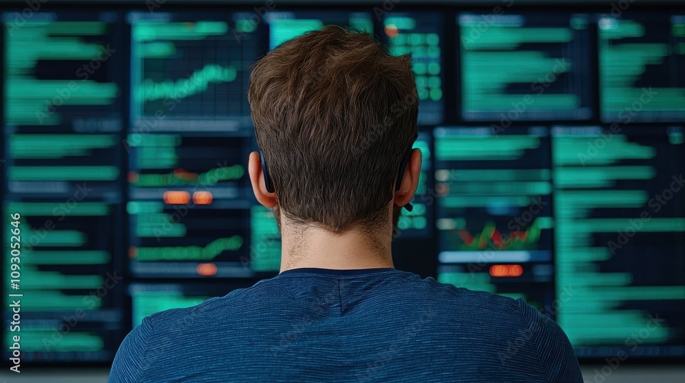Poster young professional analyzing stock market data on multiple screens with green graphs and charts show