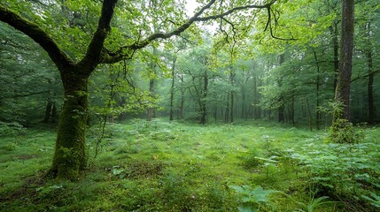 Fototapeta premium Lush verdant forest scene showcasing the complexity and diversity of a natural ecosystem with a variety of plants vines and moss covered trees creating an intricately tangled and detailed landscape