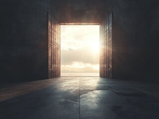 Sunlight streaming through open doorway sunrise view.