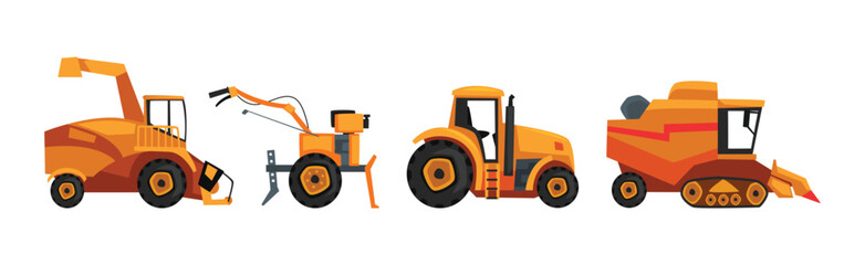 Agricultural Machinery and Vehicles for Soil Cultivation Vector Set