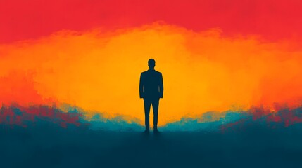 Fototapeta premium A solitary figure in a vibrant sunset, embodying the essence of ambition and introspection on life. Adaptability Quotient Concept
