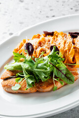 fettuccine pasta with grilled salmon fillet