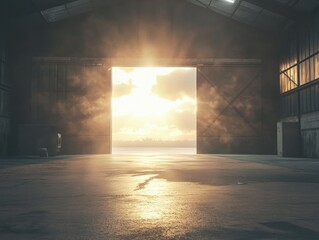 Sunbeams pierce warehouse doorway softly