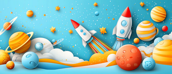 Naklejka premium Rocket launch adventure in colorful space digital art whimsical environment playful viewpoint exploring imagination