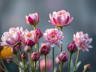 Obraz premium A mesmerizing display of blooms in various stages of growth, set against a soft focus background that adds to the dreamy quality, pastel colors, botanical illustrations