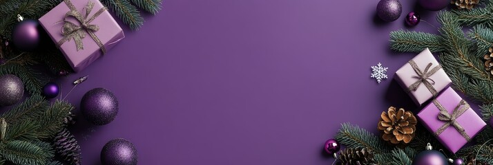 Festive decorations with purple gifts and ornaments on a winter background