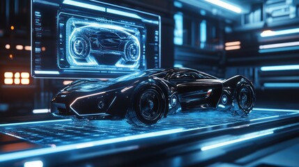 Fototapeta premium A futuristic holographic interface displaying a detailed car model in a sleek, high-tech studio environment, glowing neon blue lights, ultra-realistic textures