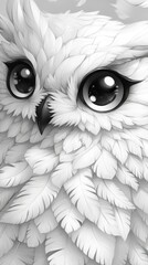 Fototapeta premium A detailed close-up captures a white owl with large, glossy eyes nestled among soft, feather-like patterns in subtle light, showcasing its unique beauty