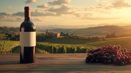 A wine bottle with a blank label and a bunch of ripe grapes on a wooden table overlooking a vineyard at sunset.  
