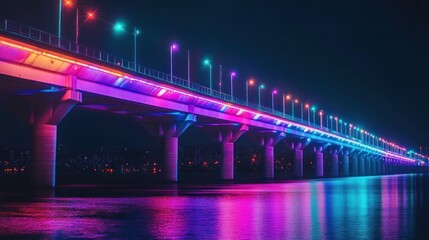 Obraz premium A bridge at night, illuminated with colorful LED lights against a dark river 