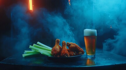 Moody and atmospheric photograph of fried chicken wings arranged with dipping sauce celery sticks and a glass of beer capturing the vibe and ambiance of a sports bar or casual night out setting
