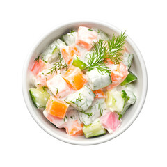 Top view Classic Russian salad with mayonnaise Olivier in bowl isolated on white background