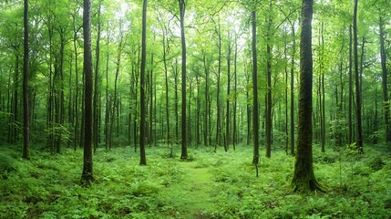 Fototapeta premium Diverse and lush forest canopy filled with an abundance of different tree species and vibrant greenery showcasing the rich biodiversity of a thriving natural ecosystem