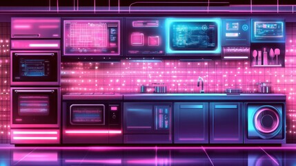 Obraz premium Futuristic Neon Kitchen With Integrated Technology Displays