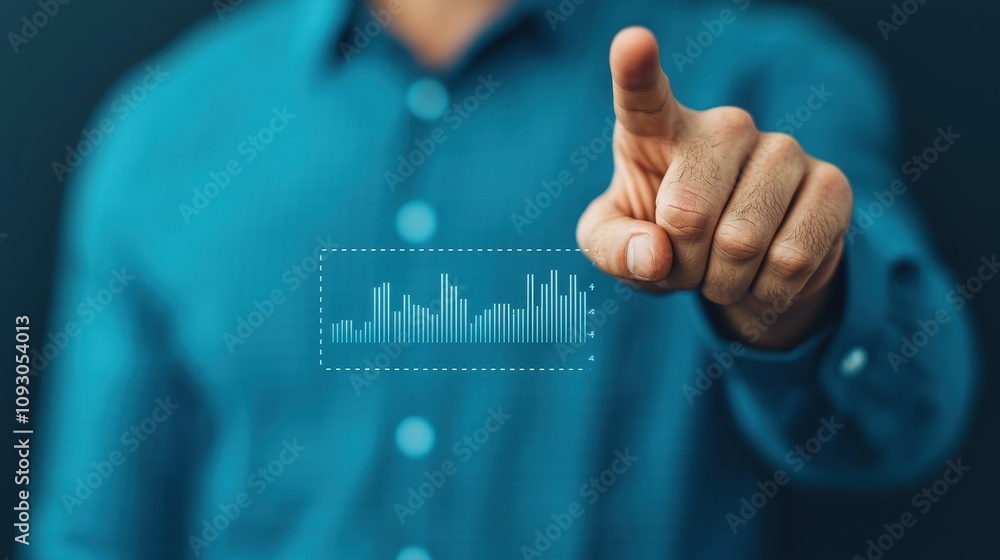 Aufkleber businessman in a blue shirt using a virtual touch interface to display data analytics with graphs an