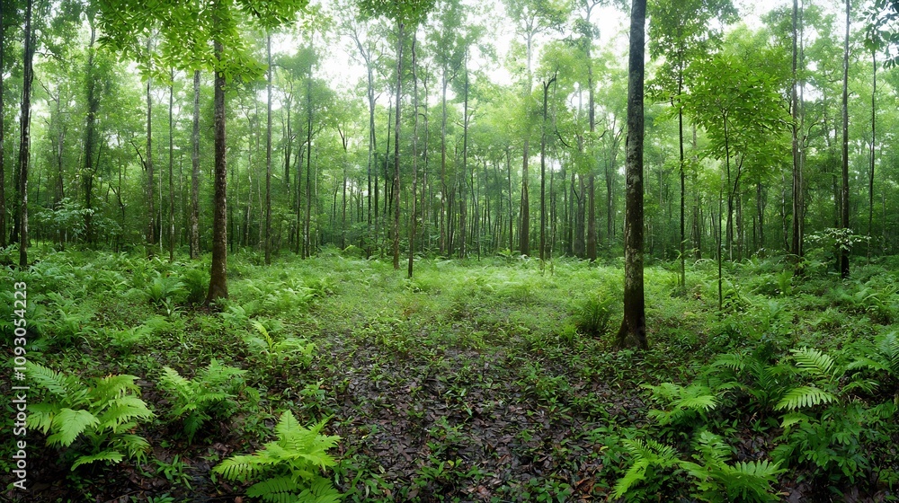 Aufkleber Breathtaking wide angle view of a lush densely forested landscape filled with a diverse array of towering trees vibrant greenery and thriving underbrush