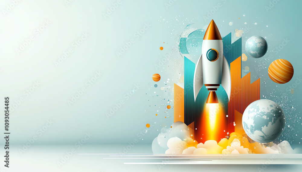 Poster rocket launch event outer space digital art futuristic design dynamic view innovation and exploratio