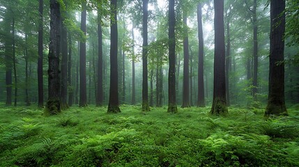 Serene and Tranquil Primeval Forest Landscape with Towering Ancient Trees Lush Foliage and Verdant Plant Life Representing the Diversity and Beauty of the Natural World
