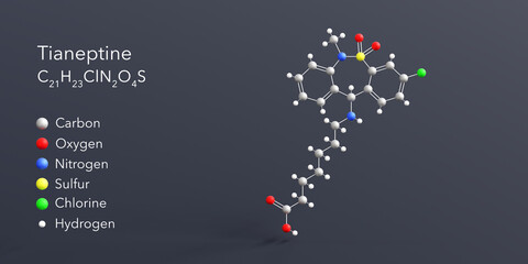 tianeptine molecule 3d rendering, flat molecular structure with chemical formula and atoms color coding