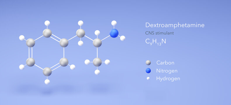 Dextroamphetamine molecule, molecular structure, Dexedrine, 3d model, Structural Chemical Formula and Atoms with Color Coding
