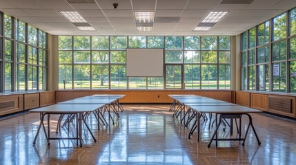 Bright Room with Folding Tables Large Windows Ideal for Meetings or Presentations