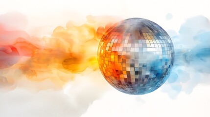 Obraz premium A vibrant and bold watercolor painting of a dazzling disco ball, radiating shimmering reflections of light in various hues, perfect for adding a touch of glamour to any party decor.