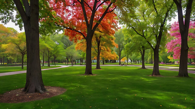 Brightly colored and framed images of a lush park with bright green trees and grass. - Powered by Adobe