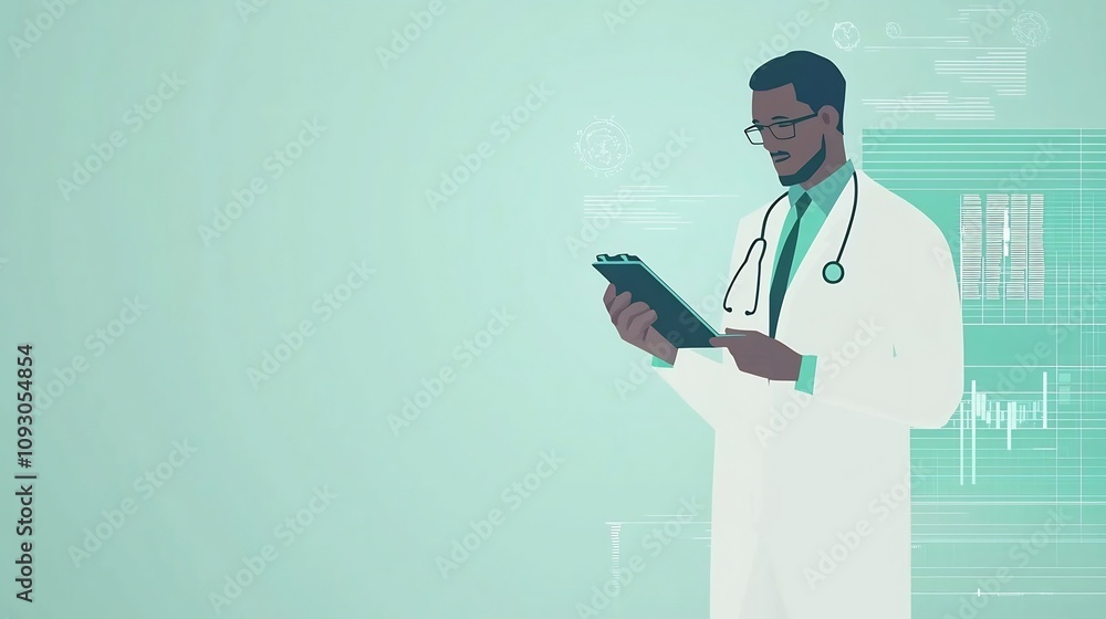 Poster of a medical professional using an advanced ai powered diagnostic tool featuring a clean geometric a