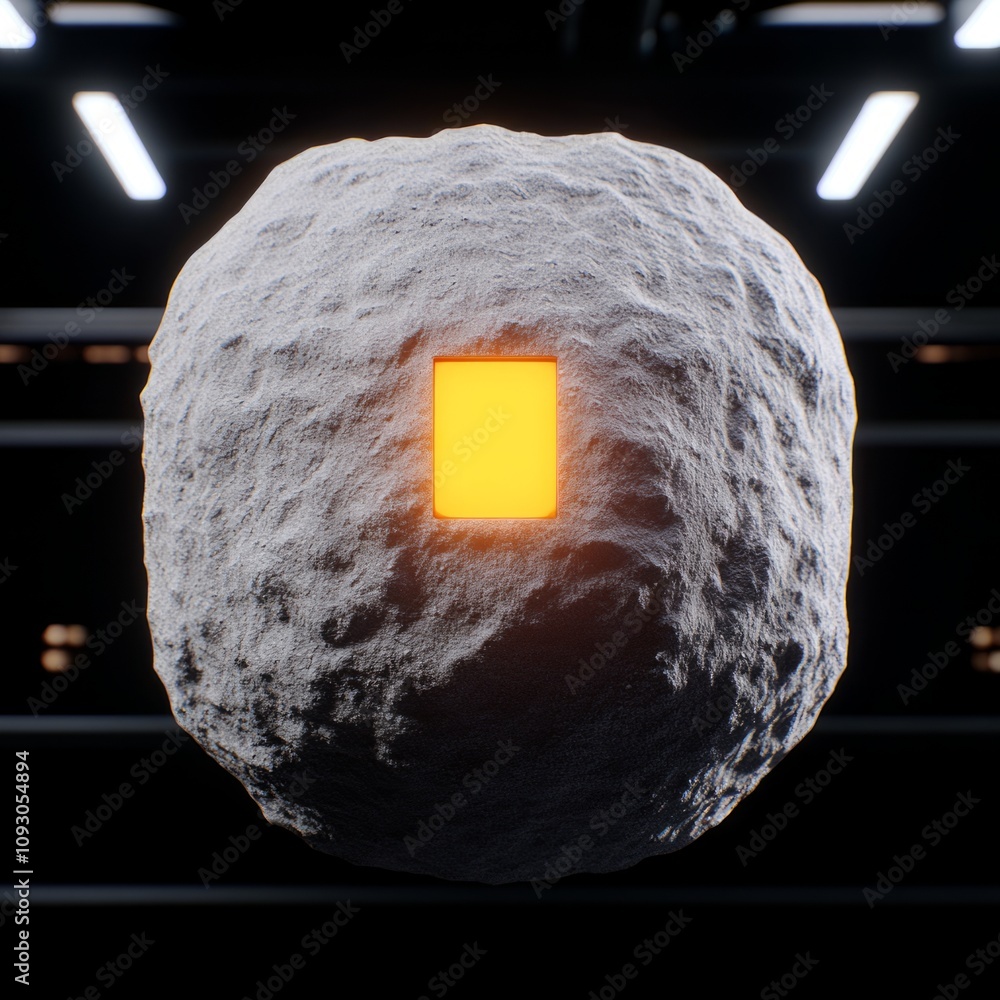 Poster glowing rectangle embedded in a rough, spherical rock.