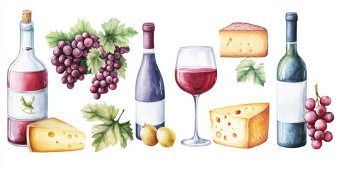 A hand-painted watercolor illustration featuring an assortment of cheeses, wine bottles, glasses, and grapes on wooden platters.  
