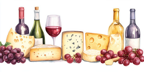 A hand-painted watercolor illustration featuring an assortment of cheeses, wine bottles, glasses, and grapes on wooden platters.  
