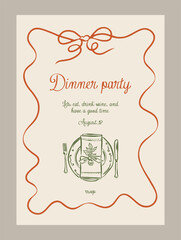 Elegant Christmas invitation template. Matisse style food and beverage doodles.