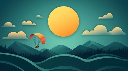 of a paraglider mid flight against a dramatic sky with a golden harvest moon and smooth wave like clouds in a serene mountainous landscape