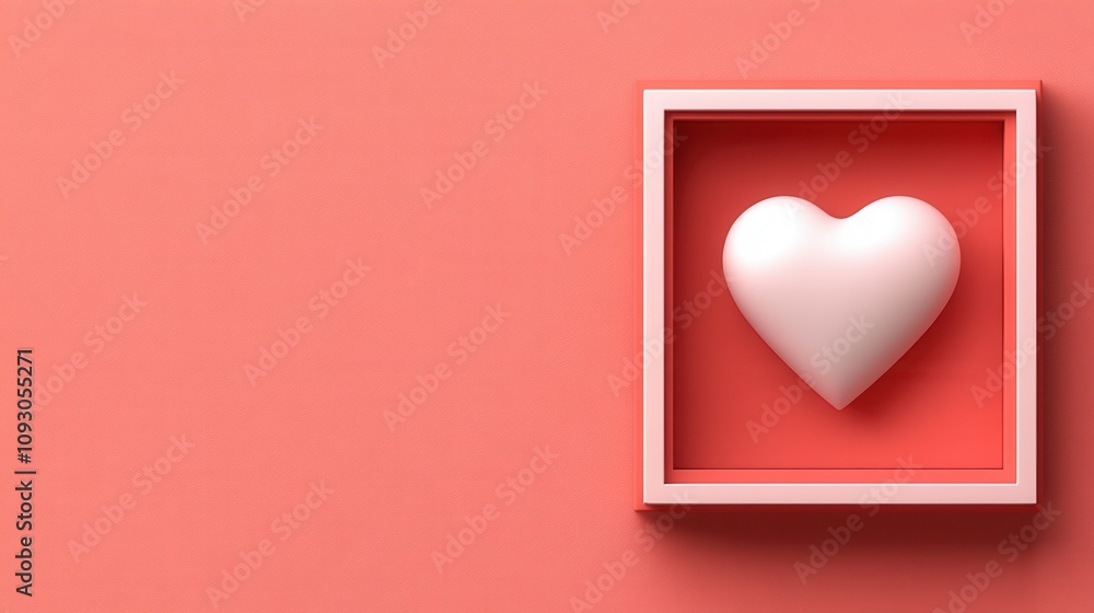 Poster a minimalist heart shape displayed in a frame, symbolizing love and affection against a soft coral b