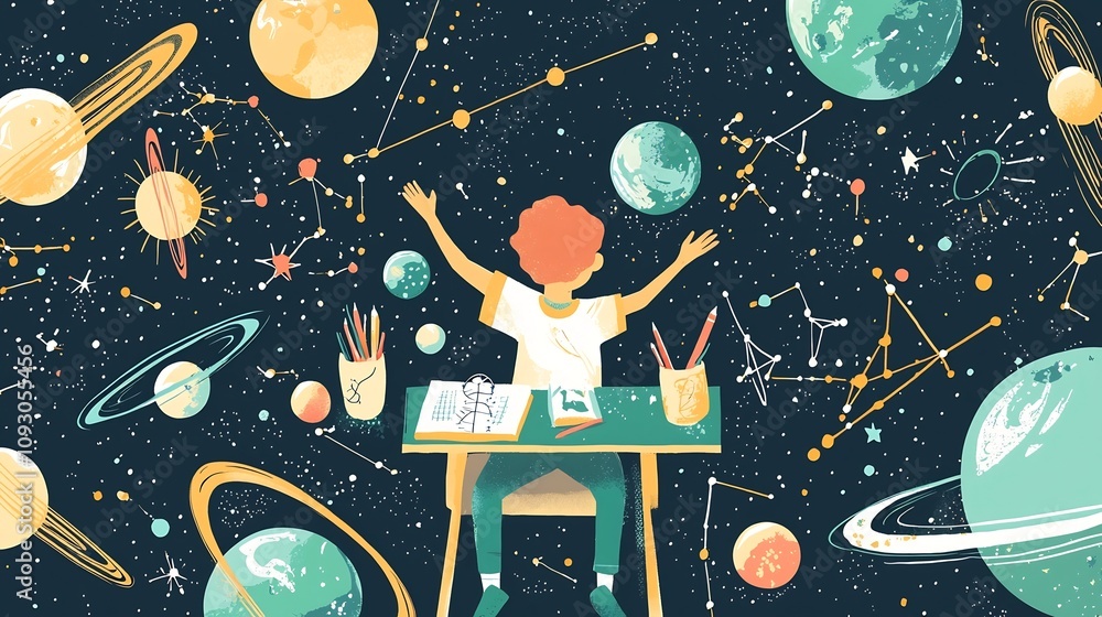 Poster of a student sitting at a desk in a classroom surrounded by various planets stars and constellations