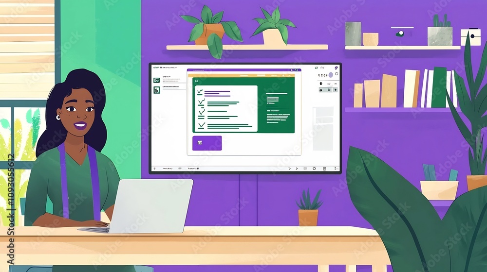 Poster of a teacher presenting an online class from their home or office workspace with a computer screen d
