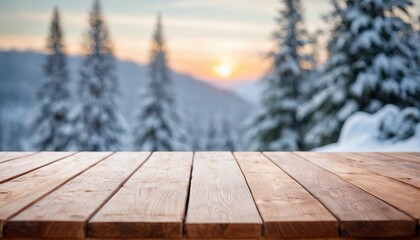 Empty wooden table with winter background template mock up for display of product 876