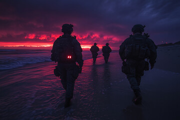 A tactical unit approaching shoreline at night, using infrared equipment.