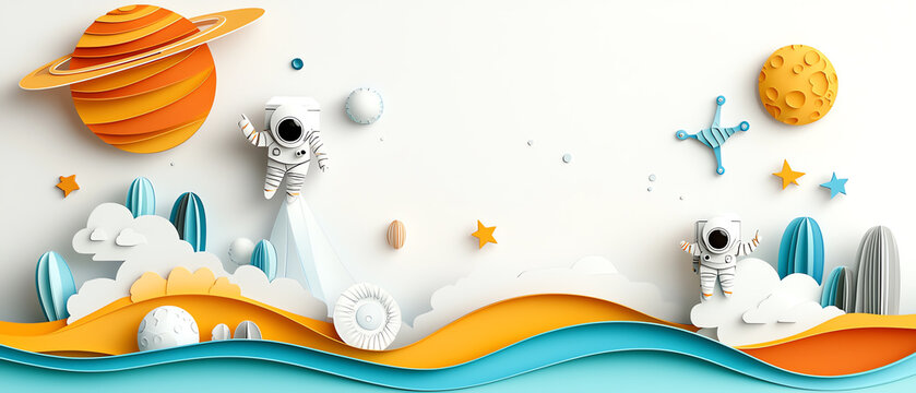 Exploration adventure astronauts in space outer space digital art whimsical environment wide angle view creativity unbound