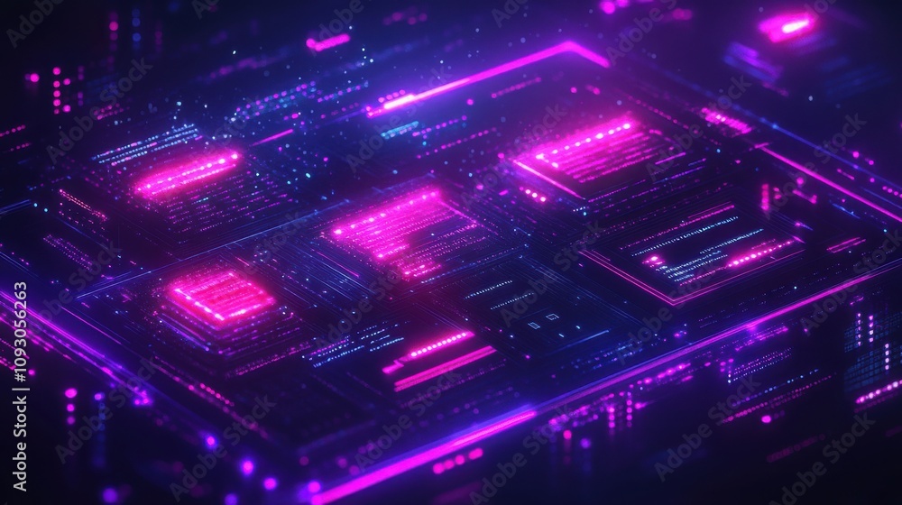 Poster futuristic digital background with neon lights and circuit patterns for technology, cybersecurity, a