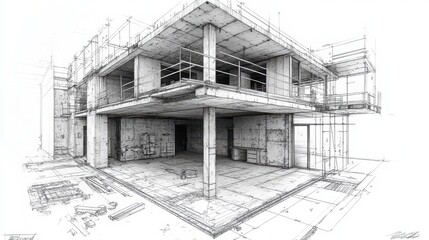 Detailed Architectural Sketch of a Modern Building Design Featuring Concrete Structure, Open Spaces, and Scaffolding for Construction Planning and Visualization Purposes