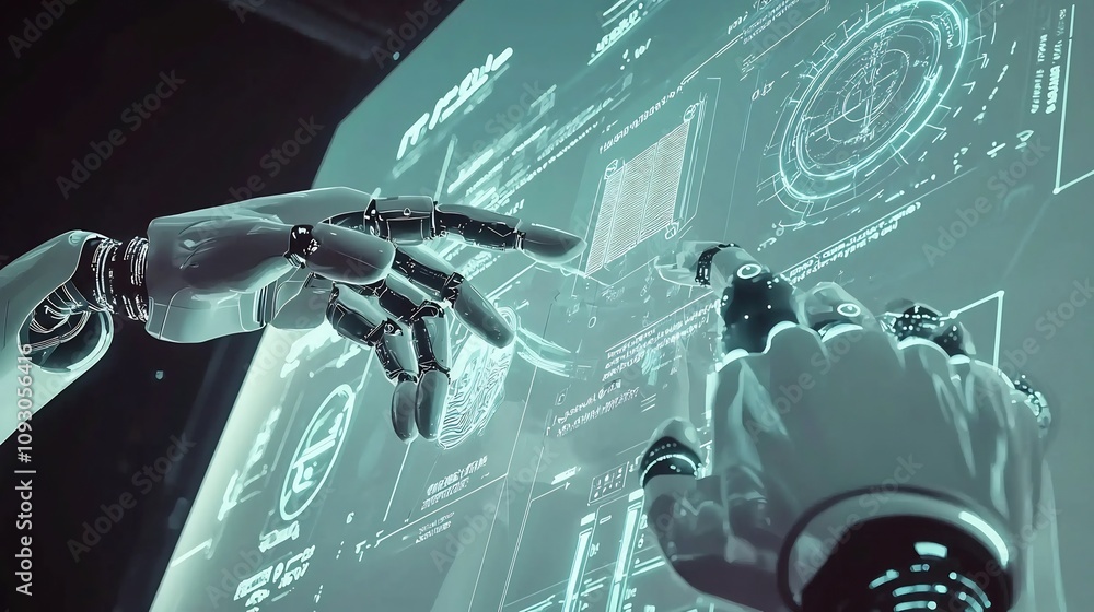 Poster of robotic hands interacting with a clean futuristic digital marketing interface in a high tech cybe