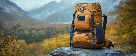 Backpack on a rock in a mountainous landscape.