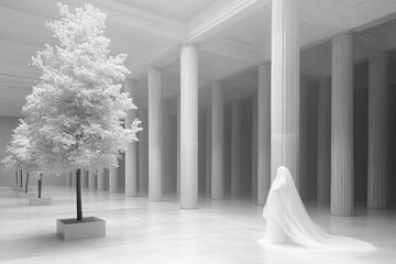Elegant White Interior with Blooming Tree and Veiled Figure in a Serene Atmosphere