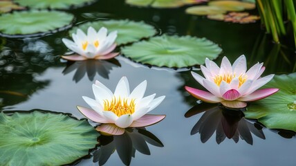 Beautiful water lilies bloom gracefully on tranquil water, surrounded by lush green leaves, creating a serene and picturesque aquatic scene.